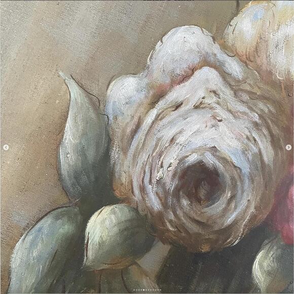 Vintage Flower Painting Large Floral Stretched Canvas Signed Pink Shabby 24x30" - Picture 5 of 10